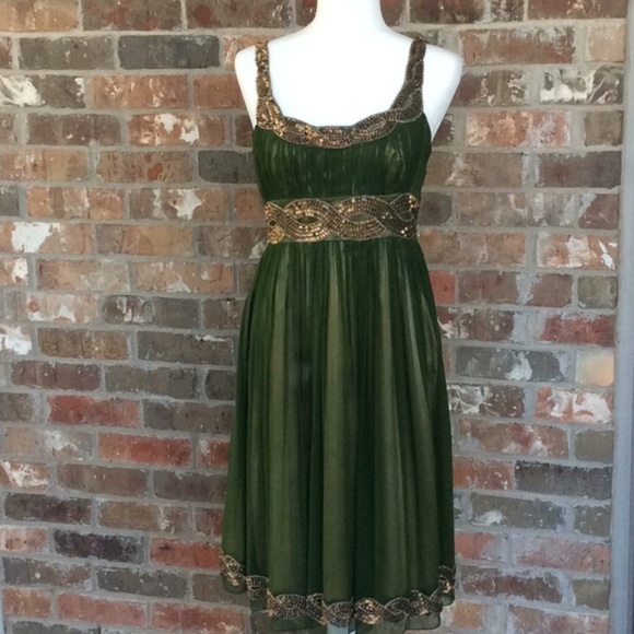 🧚🏼‍♀️✨Clearance Sale!✨ Adrianna Papell Green Silk Gold Sequin Dress - Picture 1 of 8